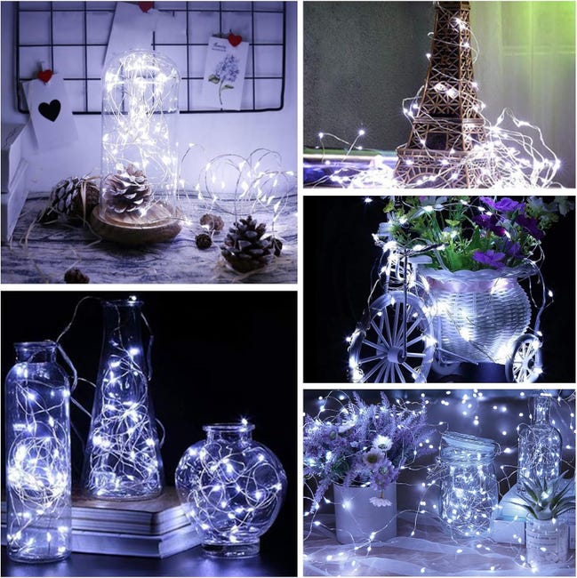 Cordão de Luzes a Pilhas com Temporizador, 10 M, 100 LEDs, Fio de Microfio, 8 Modos, Luzes de Fada para Decoração de Festa de Natal e Casamento em Amb