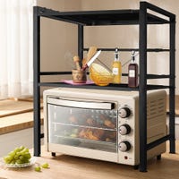 Suporte organizador para micro-ondas, prateleira metálica de 2 níveis com acessórios para pendurar, 36,5x78x40-64 cm, Preto