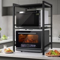 Suporte organizador para micro-ondas, prateleira metálica de 2 níveis com acessórios para pendurar, 36,5x78x40-64 cm, Preto