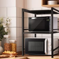 Suporte organizador para micro-ondas, prateleira metálica de 2 níveis com acessórios para pendurar, 36,5x78x40-64 cm, Preto