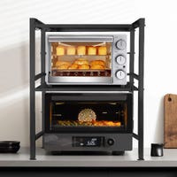 Suporte organizador para micro-ondas, prateleira metálica de 2 níveis com acessórios para pendurar, 36,5x78x40-64 cm, Preto