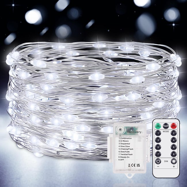 Cordão de Luzes a Pilhas com Temporizador, 10 M, 100 LEDs, Fio de Microfio, 8 Modos, Luzes de Fada para Decoração de Festa de Natal e Casamento em Amb