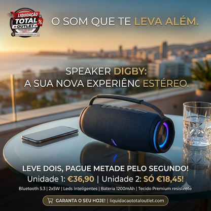 Promoção de coluna de som LEVA DOIS, PAGUE METADE DO PREÇO PELO SEGUNDO nova Coluna de Som Bluetooth® Estéreo Speaker Digby! Som Estéreo Potente: 2x5W para uma experiência sonora imersiva e cristalina.